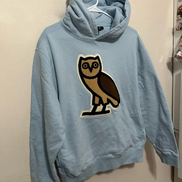 October’s Very Own OVO Chenille Bubble Owl Hooded Sweatshirt Men’s Medium Blue